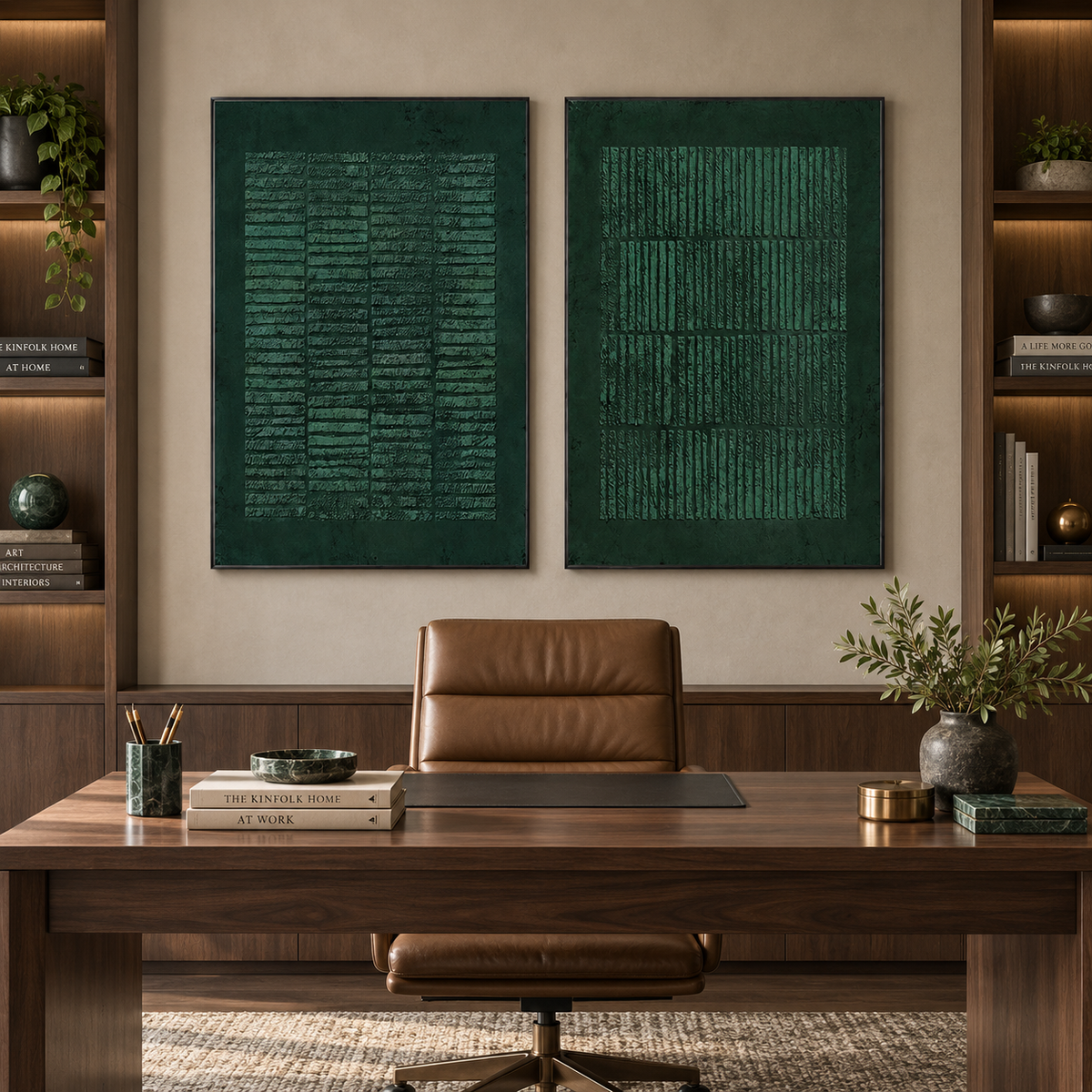 Emerald Grid Harmony-Modern Abstract Textured Green Diptych Painting