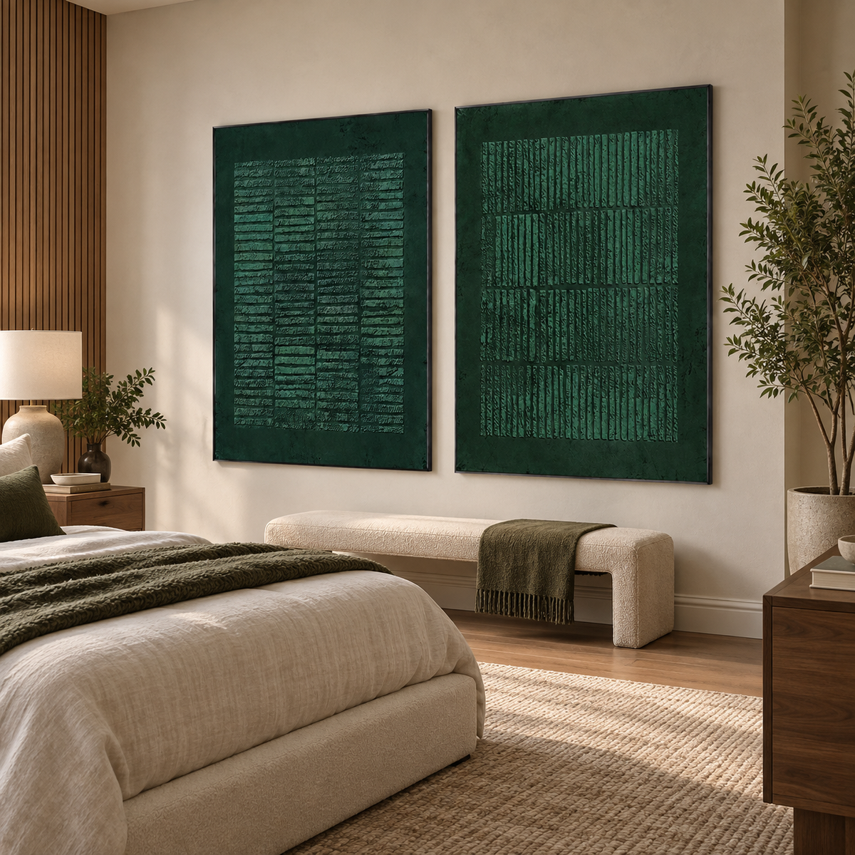 Emerald Grid Harmony-Modern Abstract Textured Green Diptych Painting