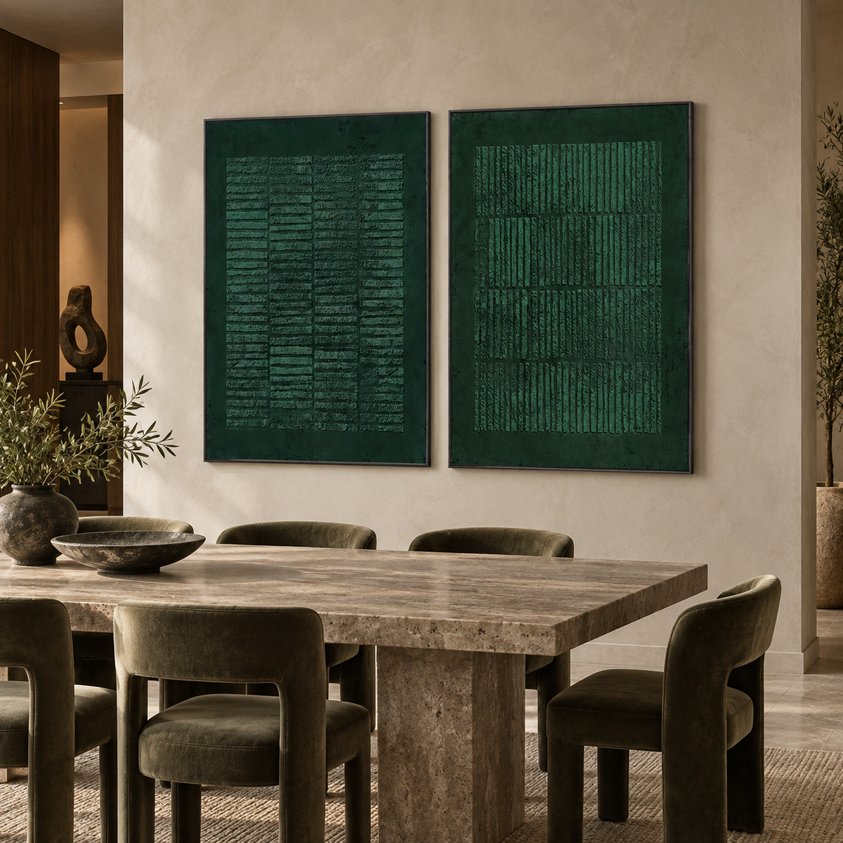 Emerald Grid Harmony-Modern Abstract Textured Green Diptych Painting