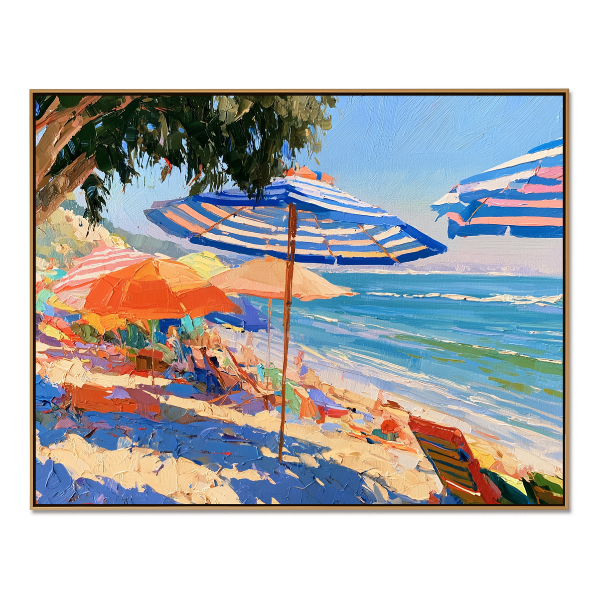 Coastal Beach Escape-Colorful Ocean Umbrella Seaside Texture Oil Painting
