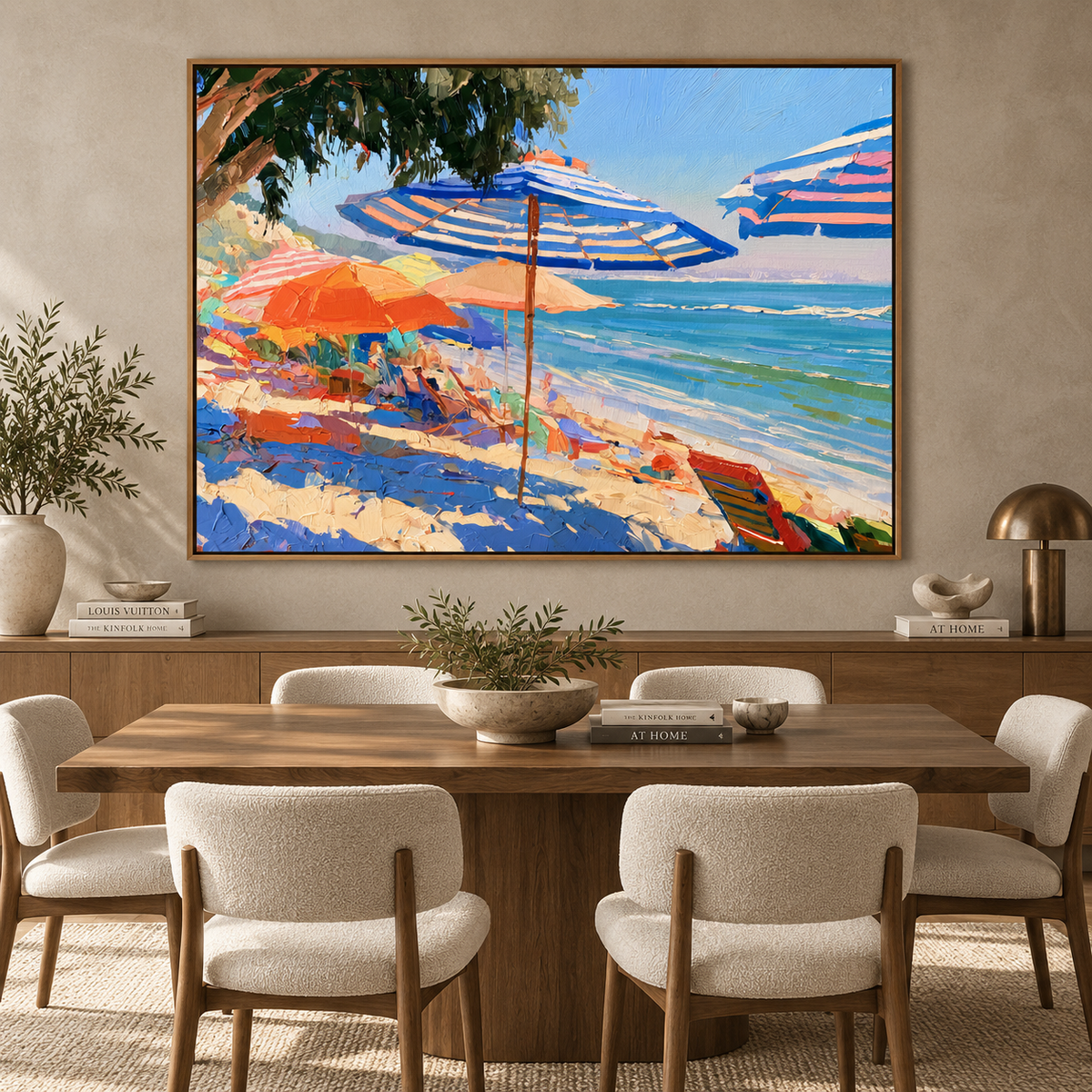 Coastal Beach Escape-Colorful Ocean Umbrella Seaside Texture Oil Painting