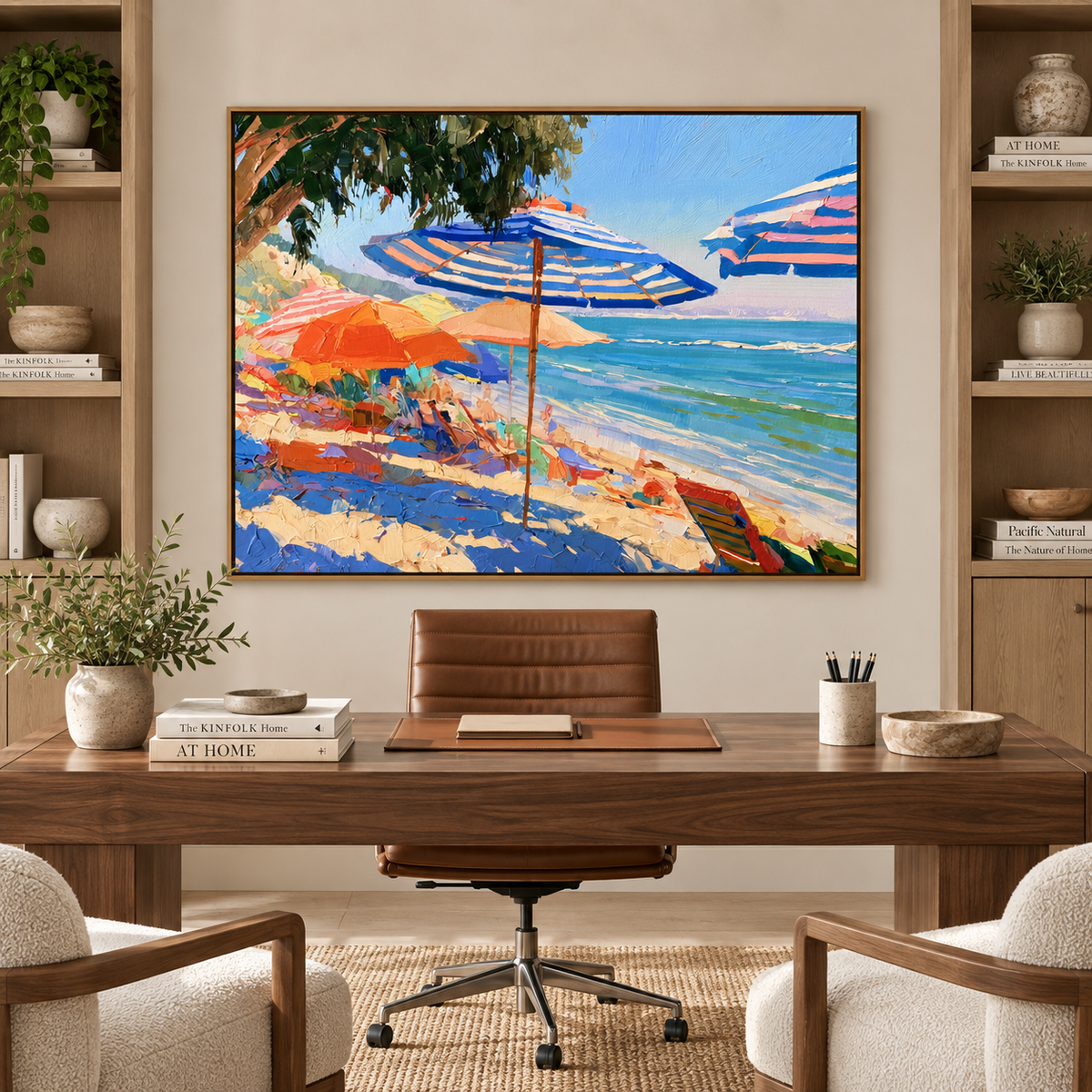 Coastal Beach Escape-Colorful Ocean Umbrella Seaside Texture Oil Painting