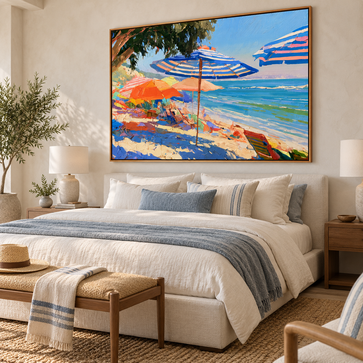 Coastal Beach Escape-Colorful Ocean Umbrella Seaside Texture Oil Painting