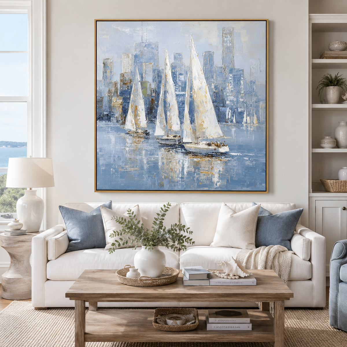 Harbor Light-Blue City Sailboat Painting