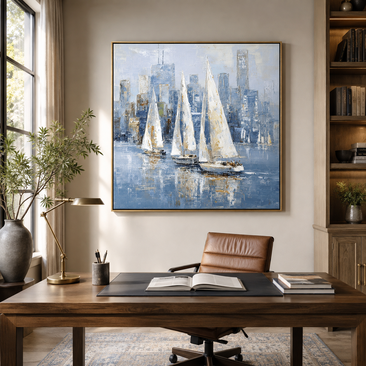 Harbor Light-Blue City Sailboat Painting