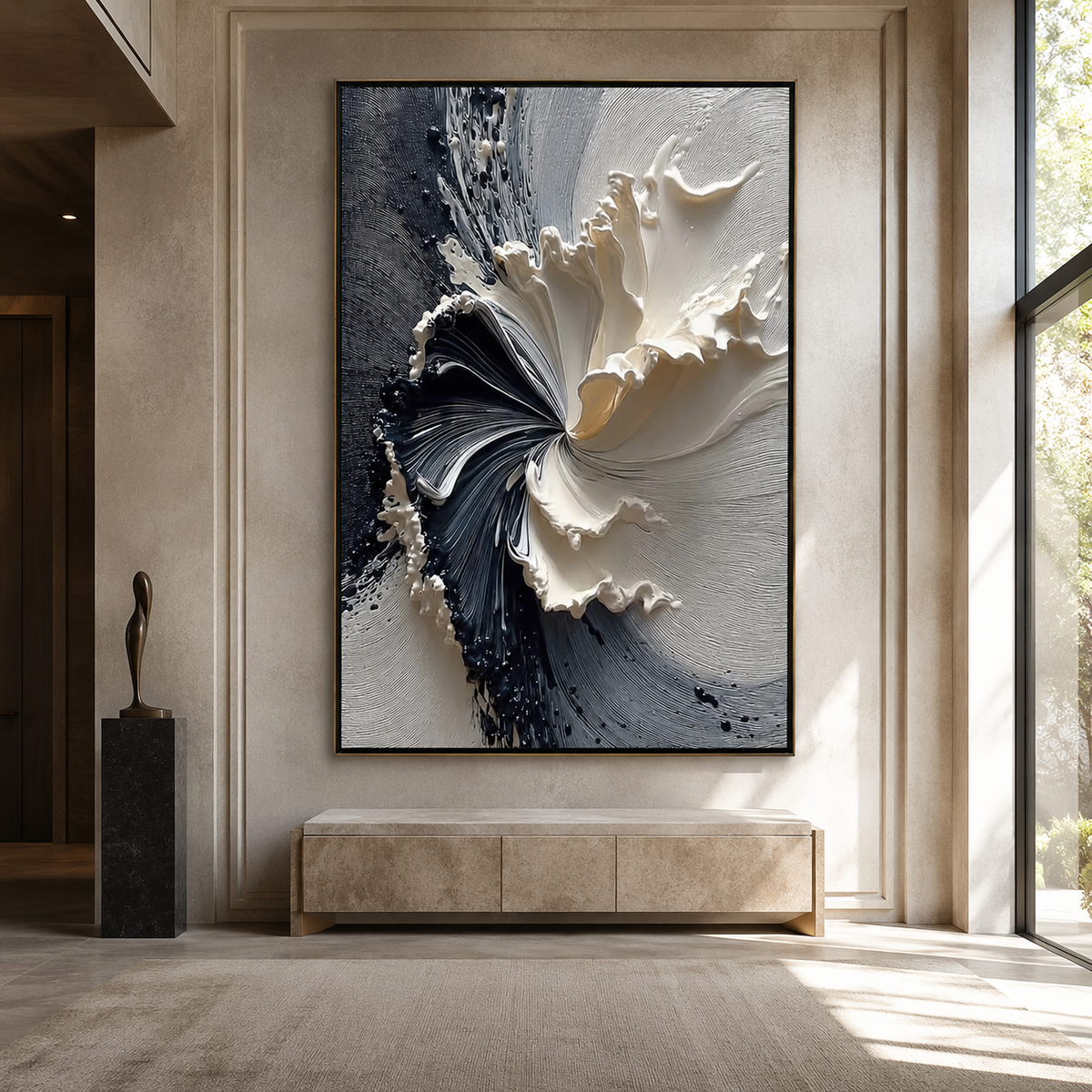 Noir Bloom-Black White Sculptural Floral Painting