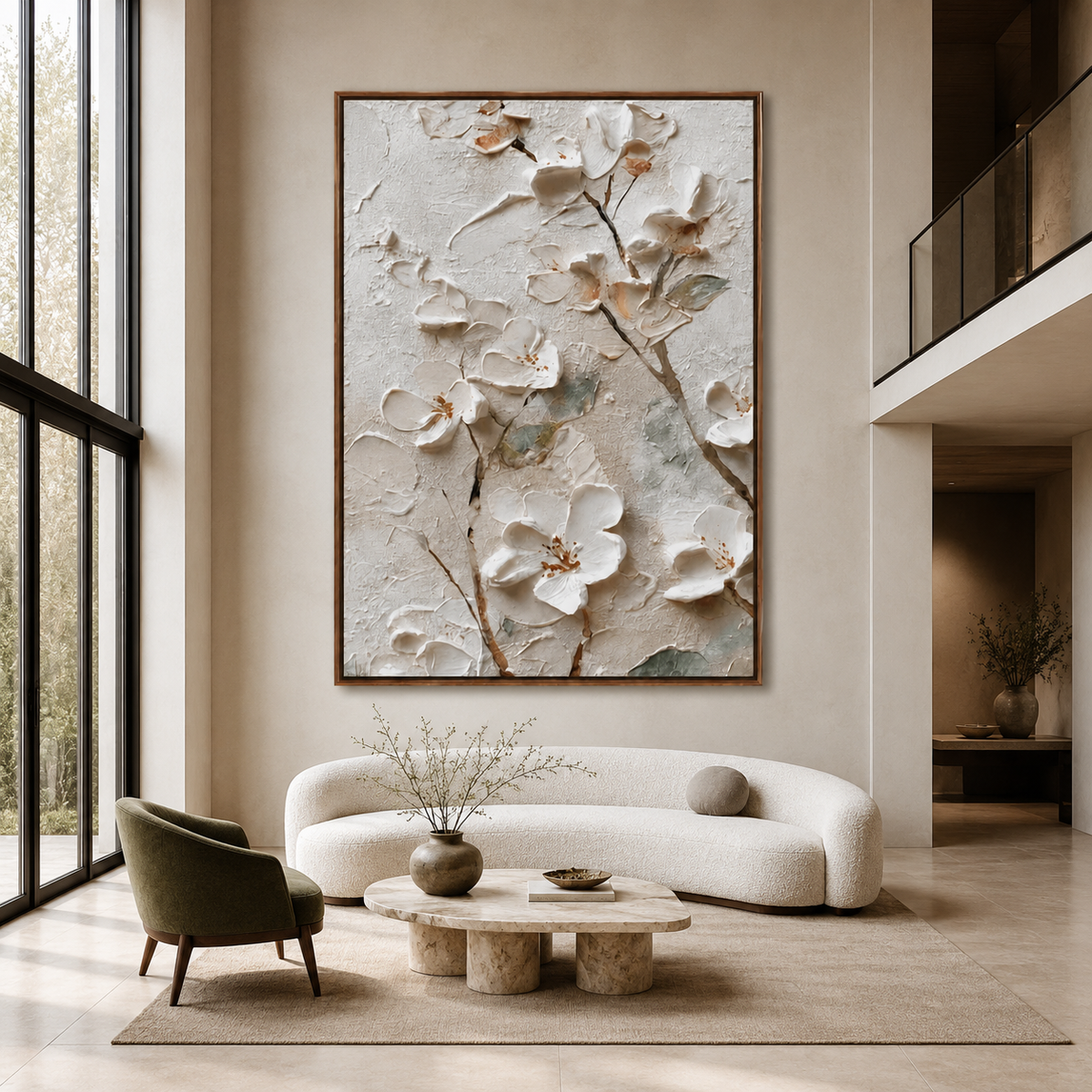 Ivory Blossom Branch-Textured Floral Painting