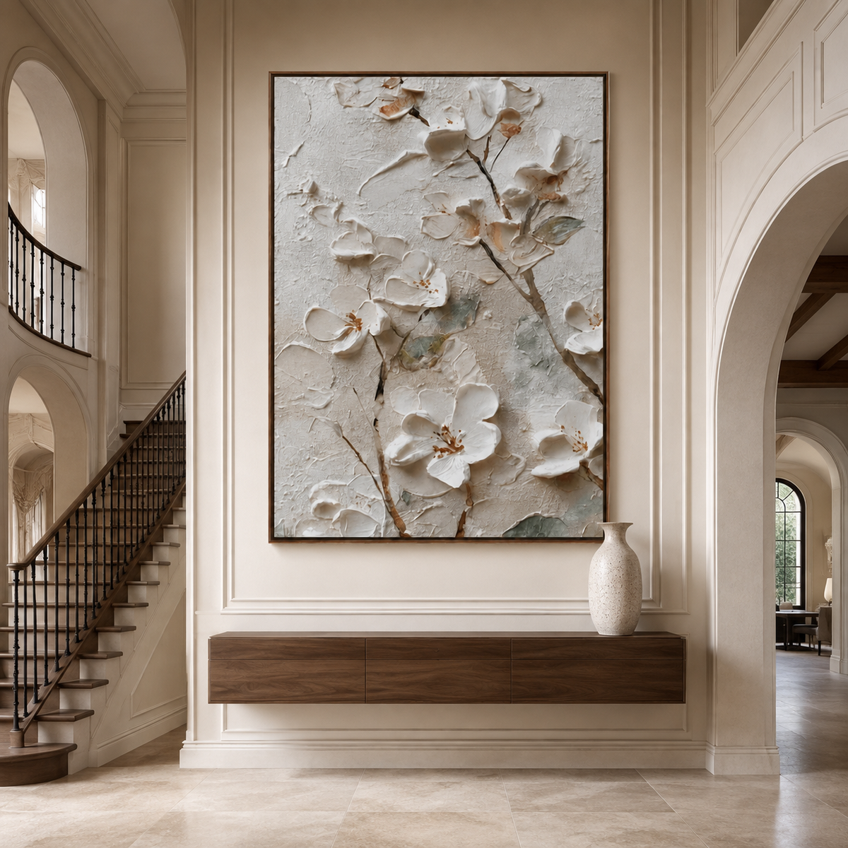 Ivory Blossom Branch-Textured Floral Painting