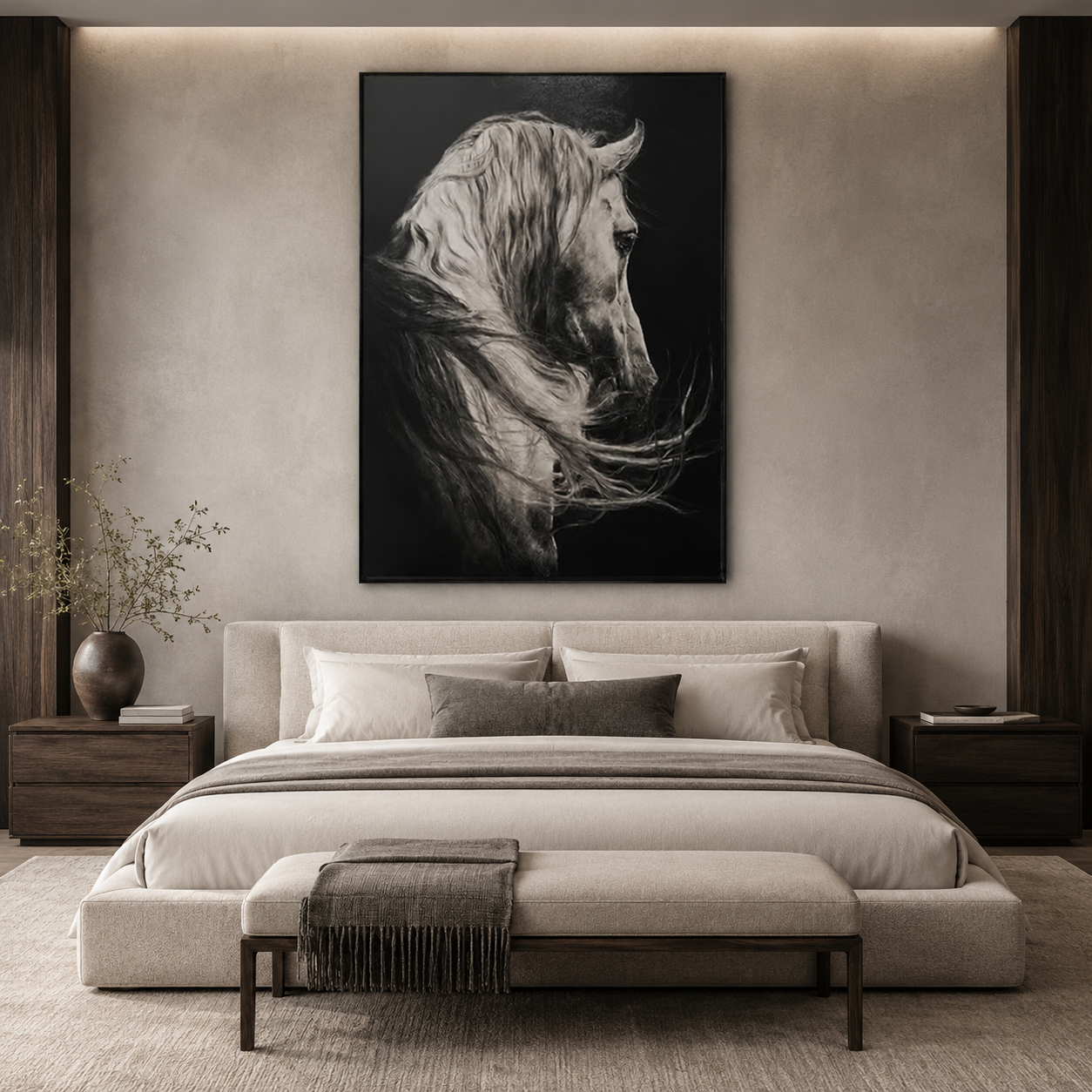 Monochrome Stallion-Black Horse Portrait Painting
