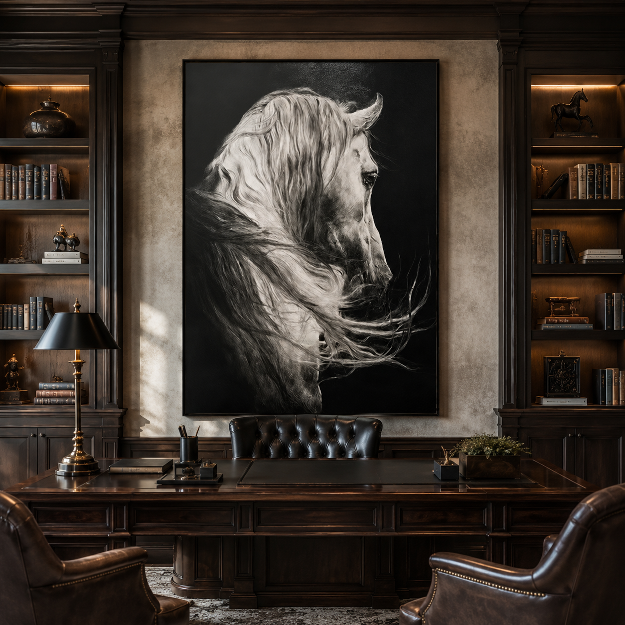 Monochrome Stallion-Black Horse Portrait Painting