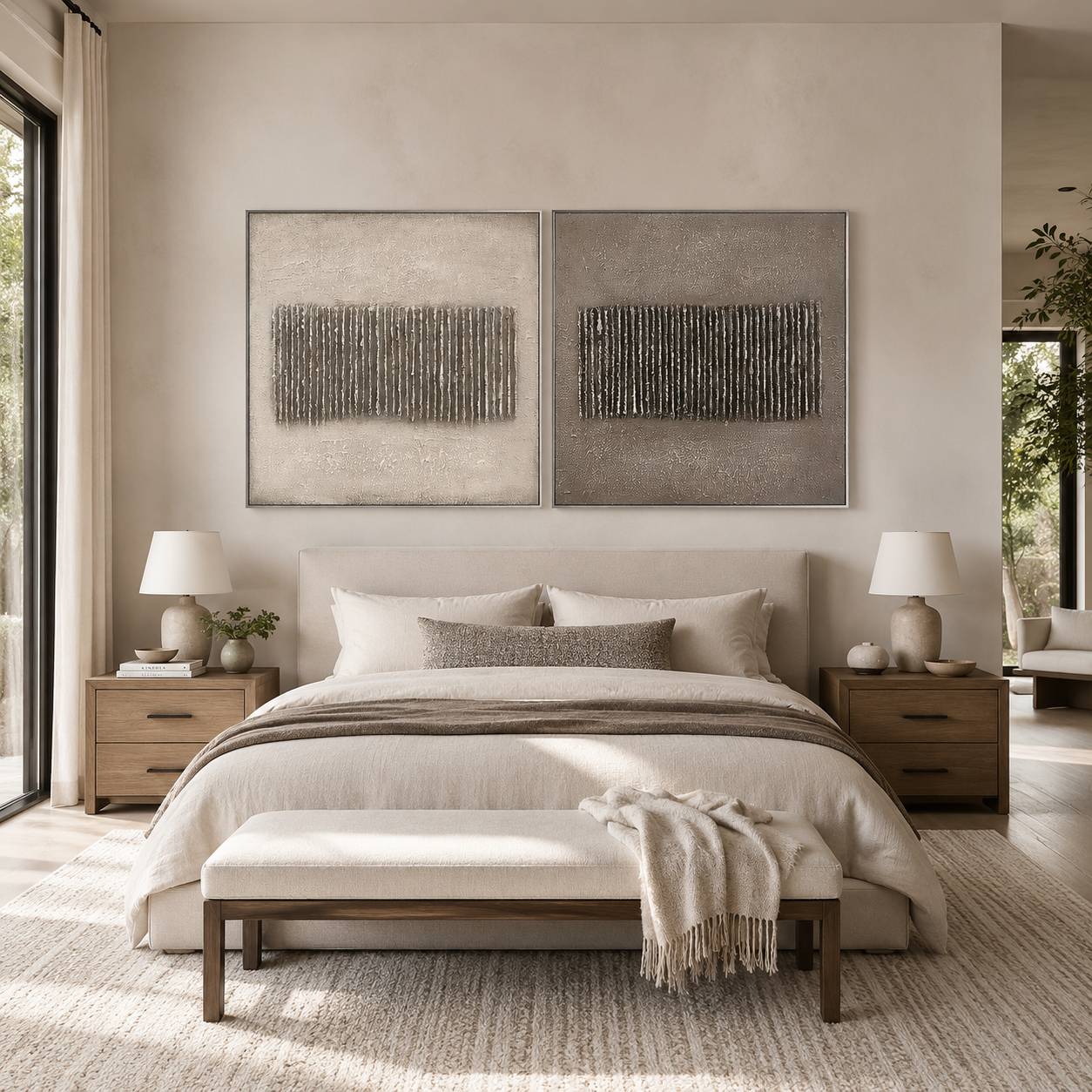 Echoed Lines-Ivory Taupe Textured Diptych
