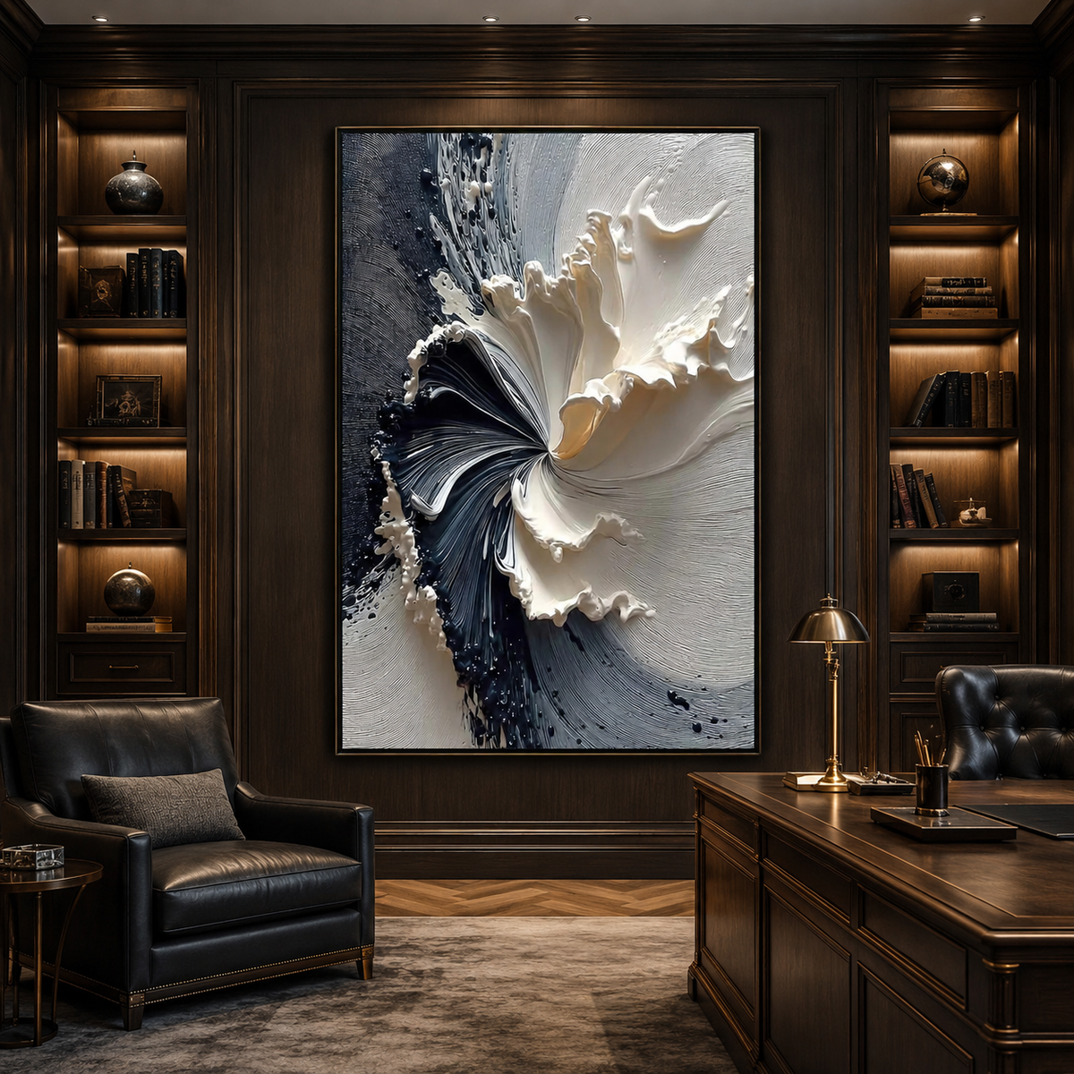 Noir Bloom-Black White Sculptural Floral Painting