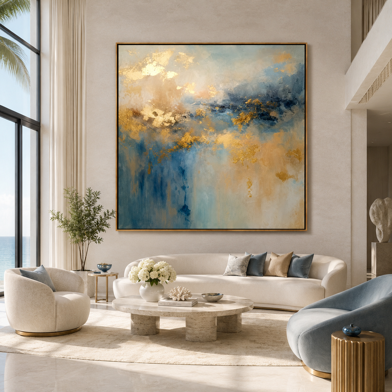 Golden Mist-Blue Abstract Ocean Painting