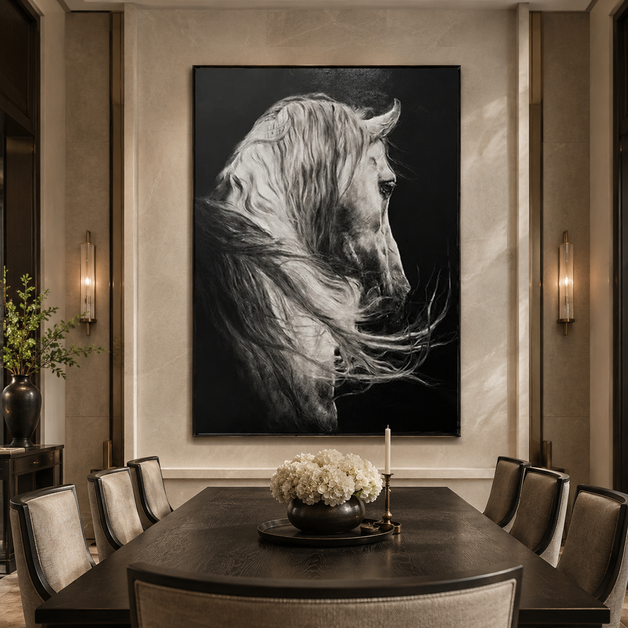 Monochrome Stallion-Black Horse Portrait Painting