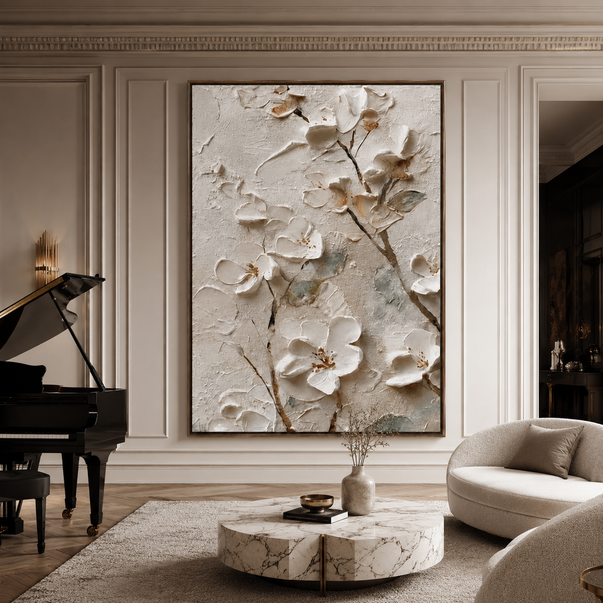 Ivory Blossom Branch-Textured Floral Painting