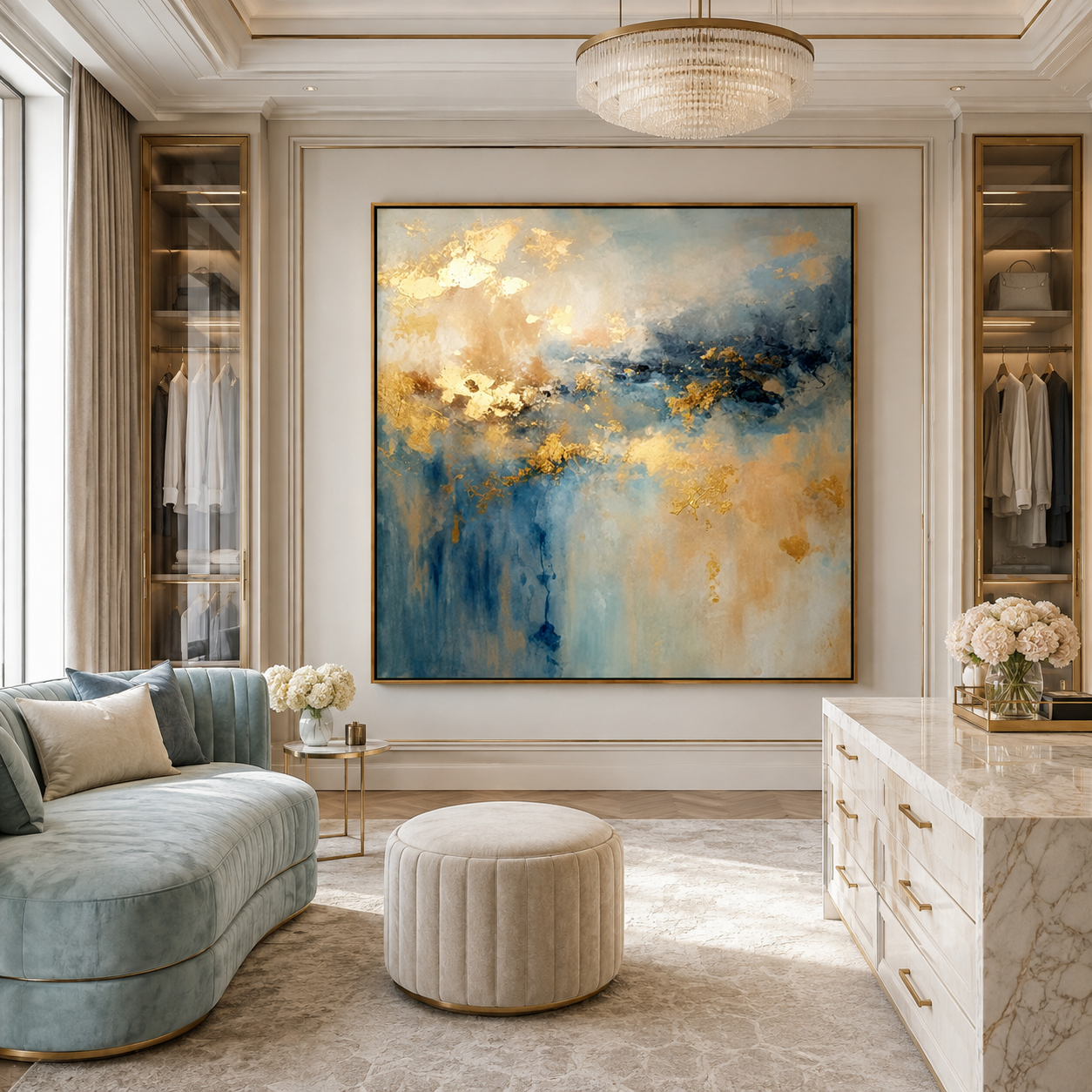 Golden Mist-Blue Abstract Ocean Painting