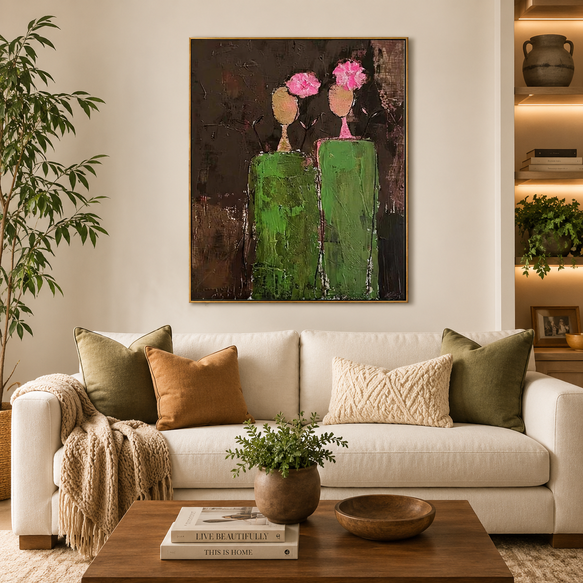 Rose Companions-Green Figurative Couple Painting