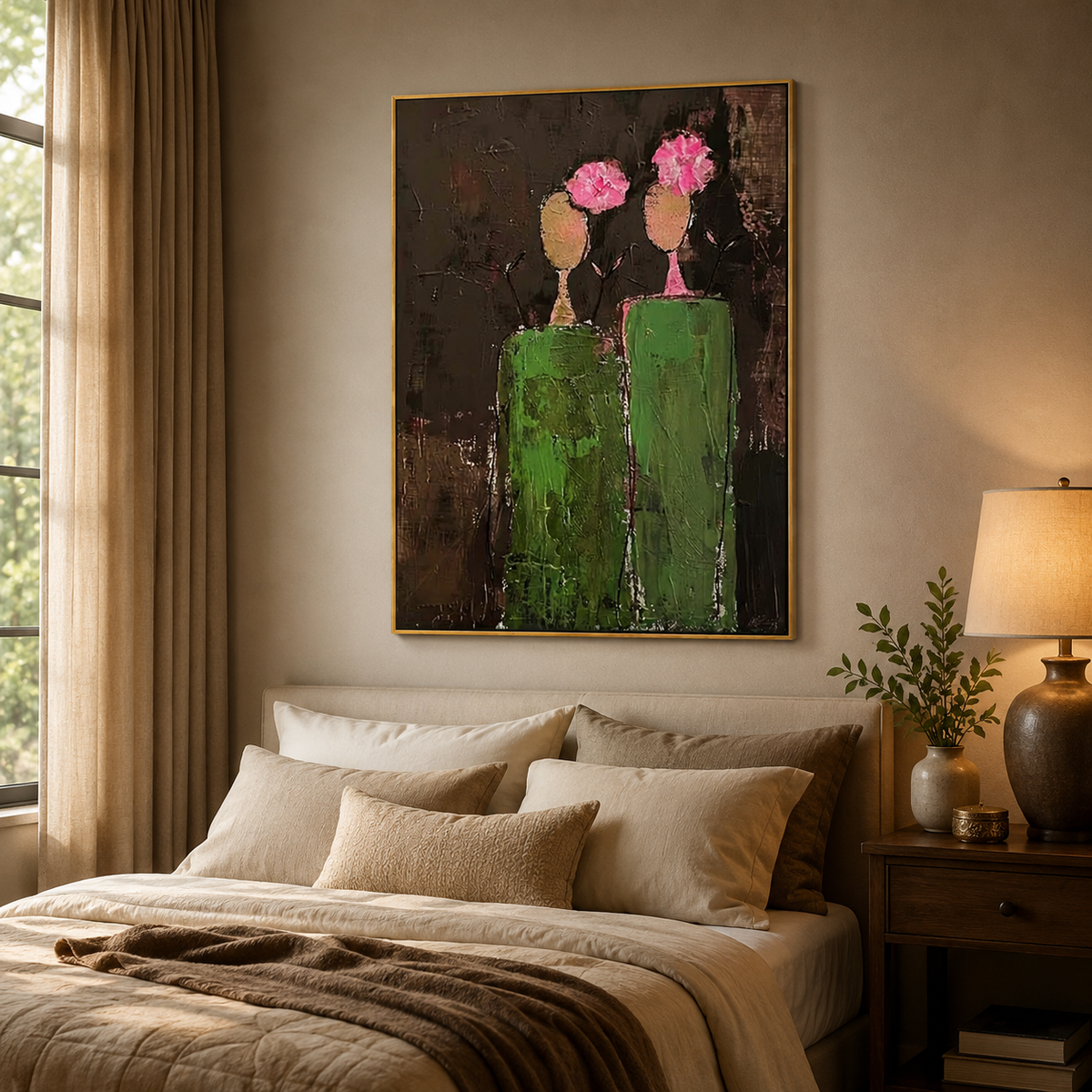 Rose Companions-Green Figurative Couple Painting