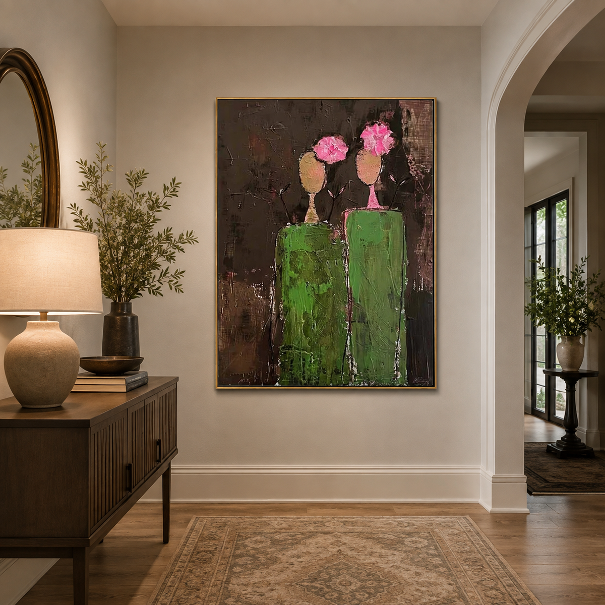 Rose Companions-Green Figurative Couple Painting