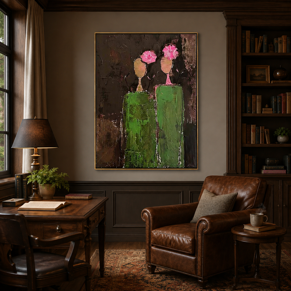 Rose Companions-Green Figurative Couple Painting