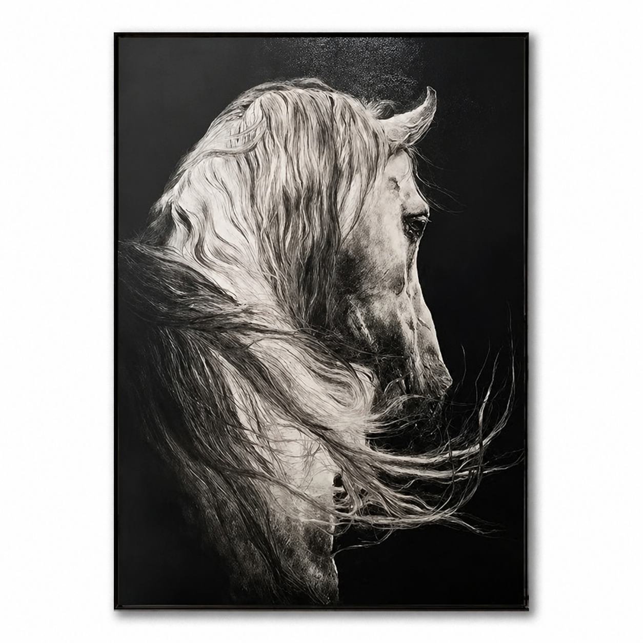 Monochrome Stallion-Black Horse Portrait Painting