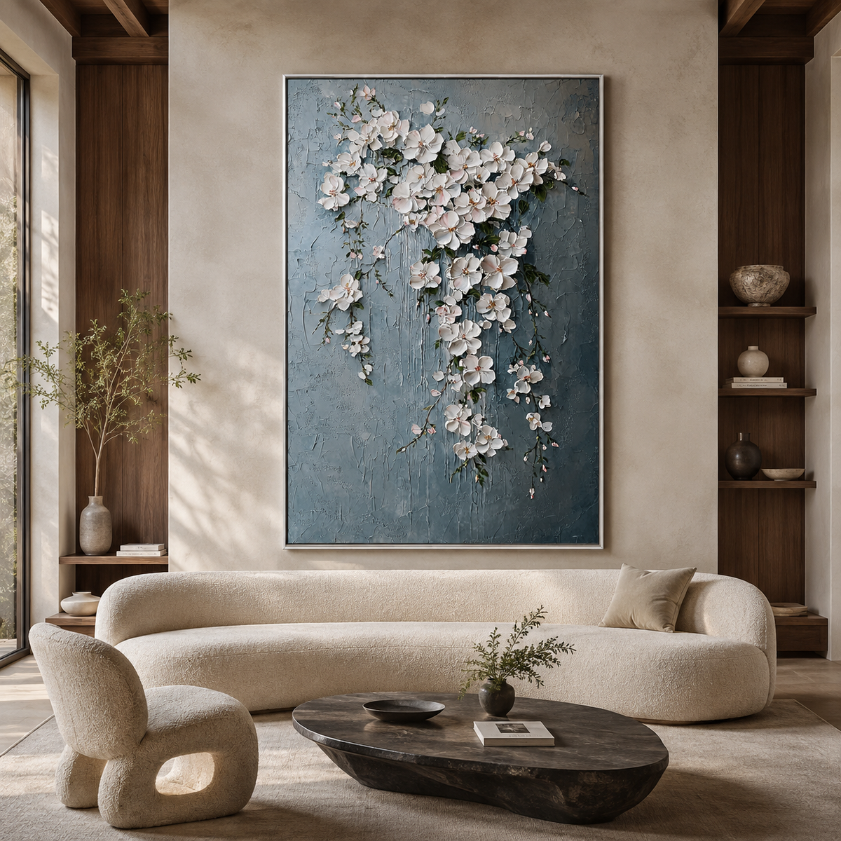 Cascading Blossom-White Floral Oil Painting