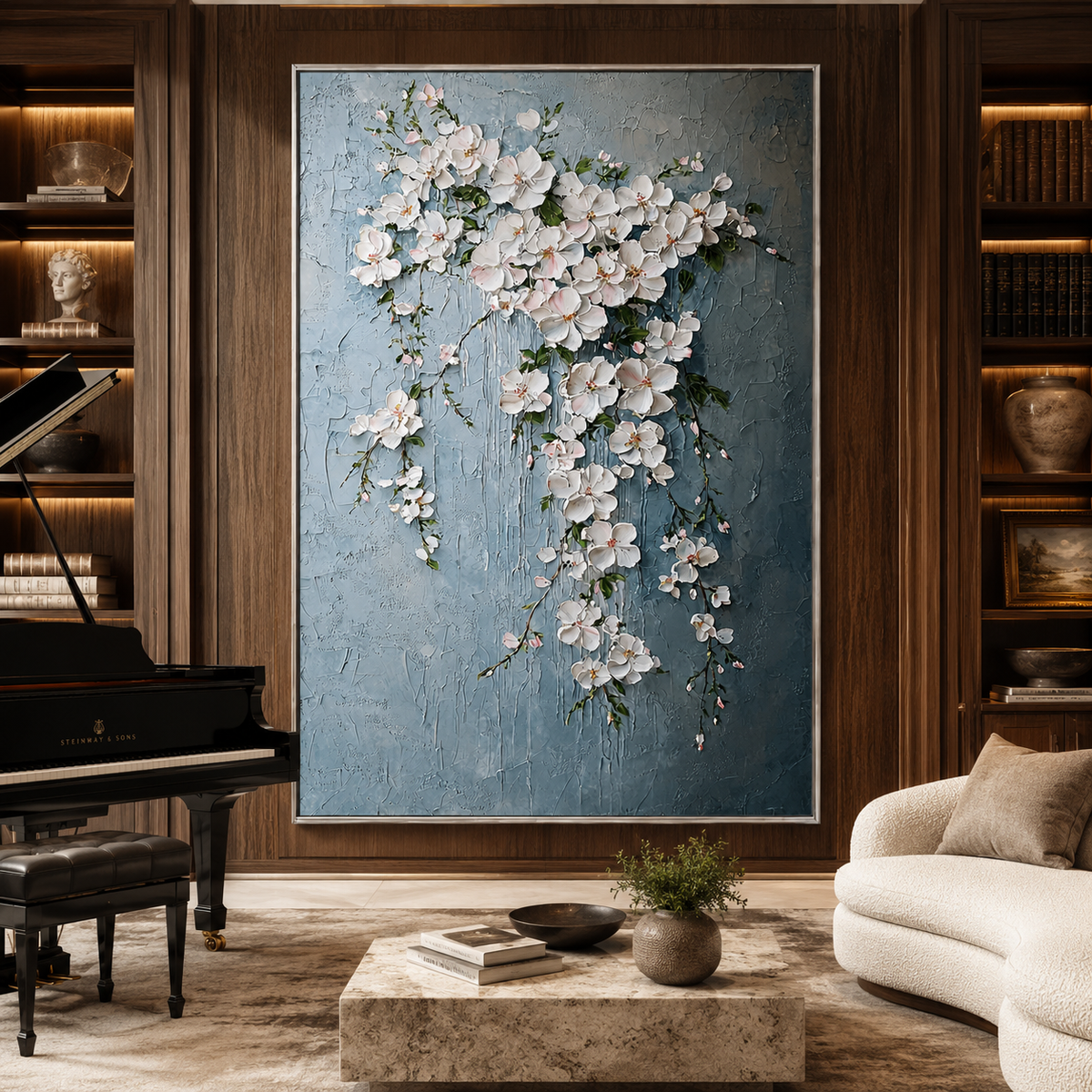 Cascading Blossom-White Floral Oil Painting