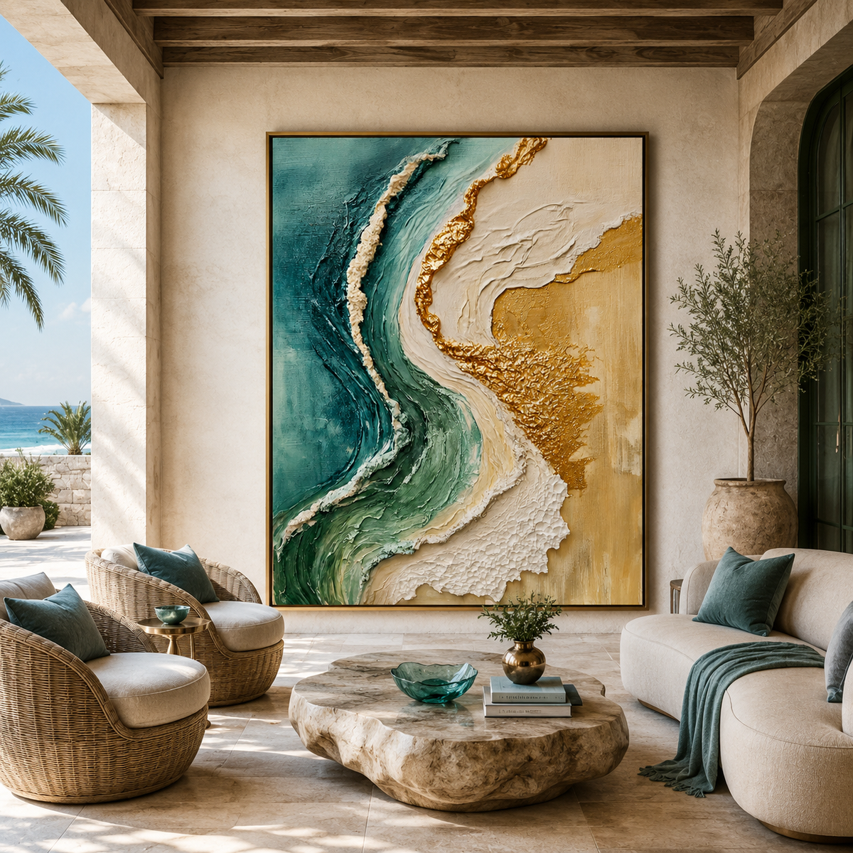Gilded Tide-Teal Gold Coastal Abstract Painting