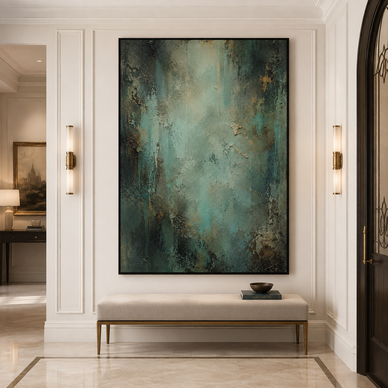 Verdigris Veil-Teal Abstract Oil Painting