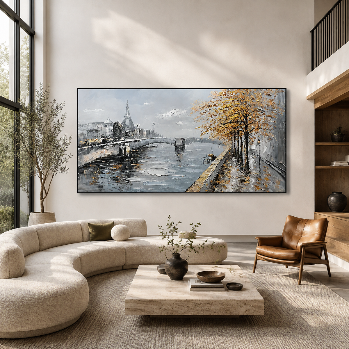 Autumn Riverside Cityscape-Modern Landscape Painting