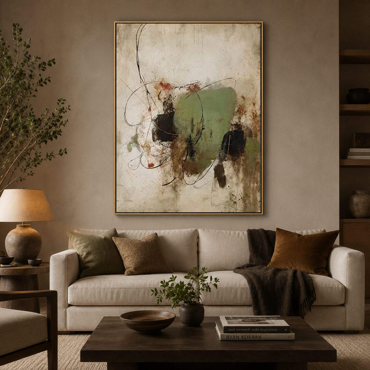 Quiet Orbit-Olive Gestural Abstract Painting