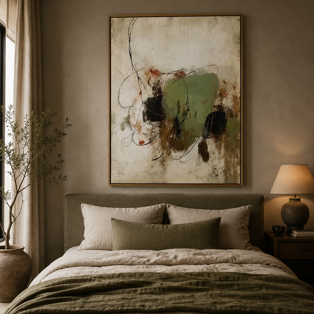Quiet Orbit-Olive Gestural Abstract Painting
