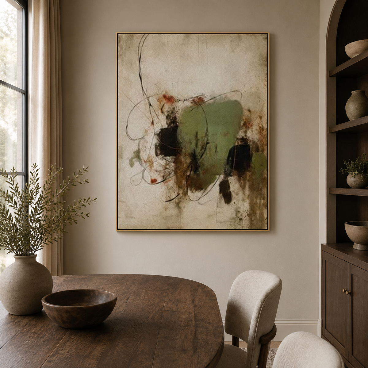 Quiet Orbit-Olive Gestural Abstract Painting