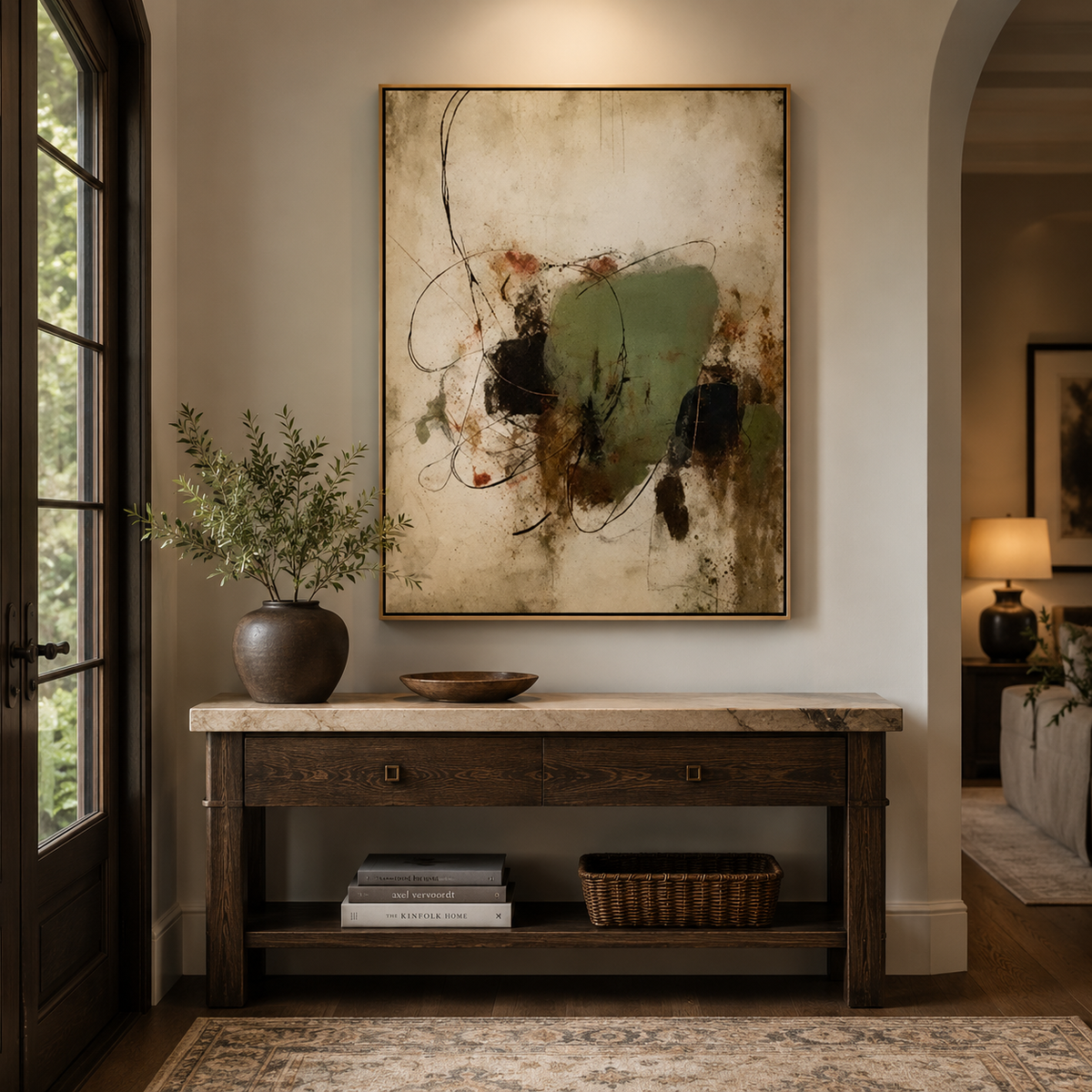 Quiet Orbit-Olive Gestural Abstract Painting