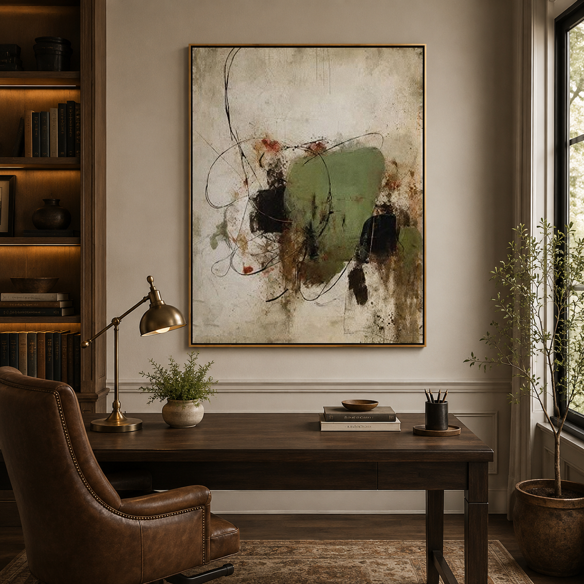 Quiet Orbit-Olive Gestural Abstract Painting