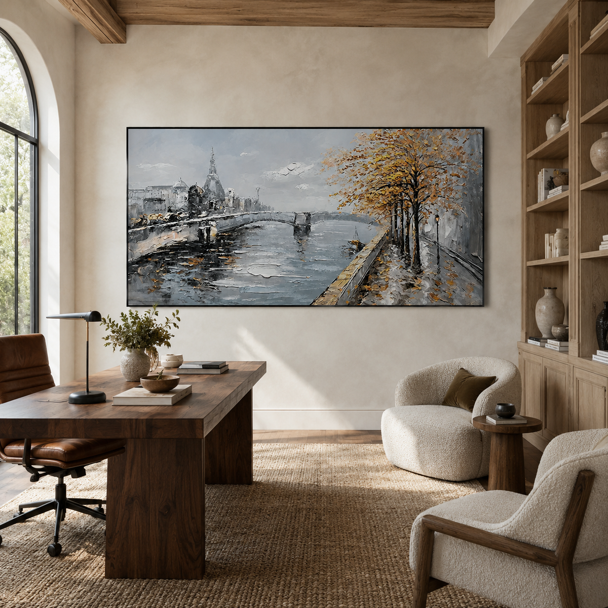 Autumn Riverside Cityscape-Modern Landscape Painting