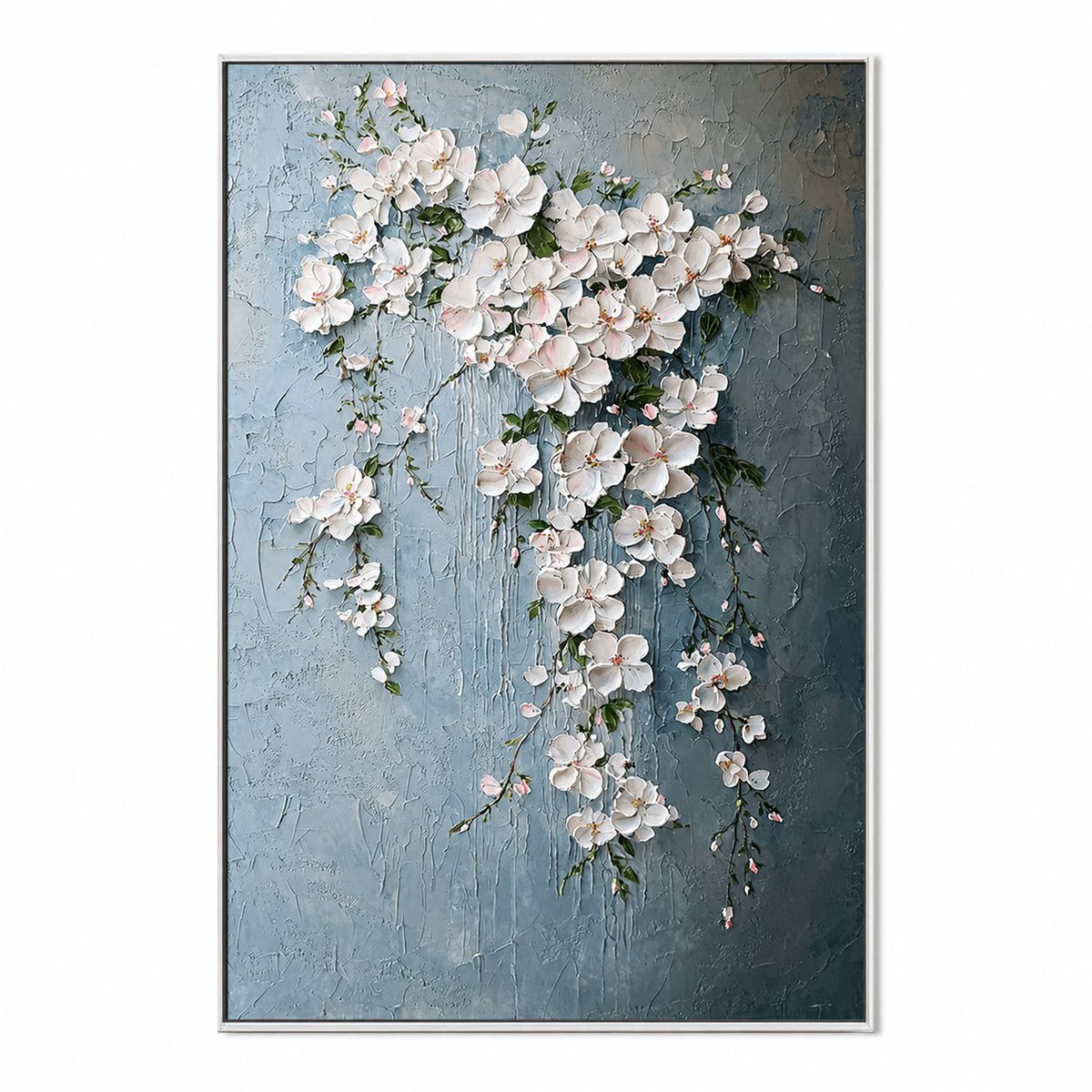 Cascading Blossom-White Floral Oil Painting