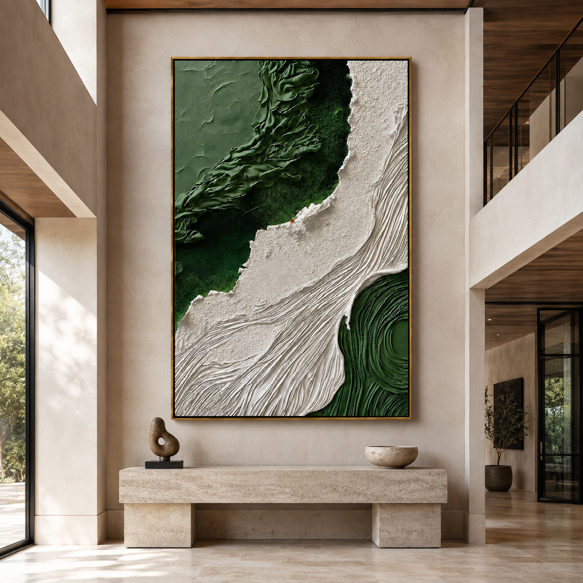 Verdant Rift-Green White Textured Abstract Painting
