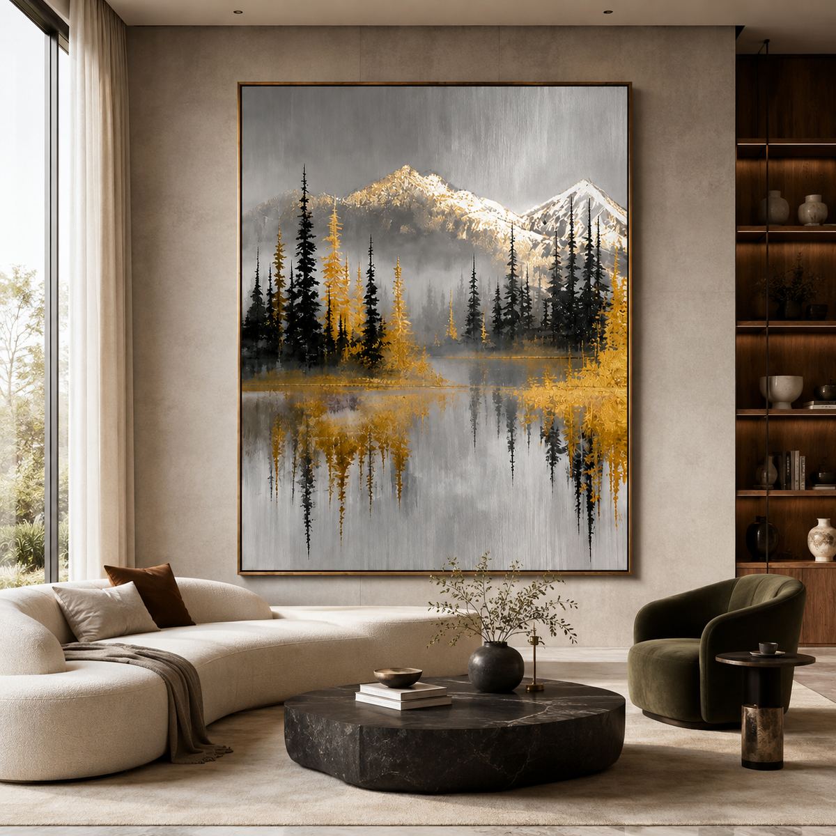 Golden Alpine-Mountain Forest Landscape Painting