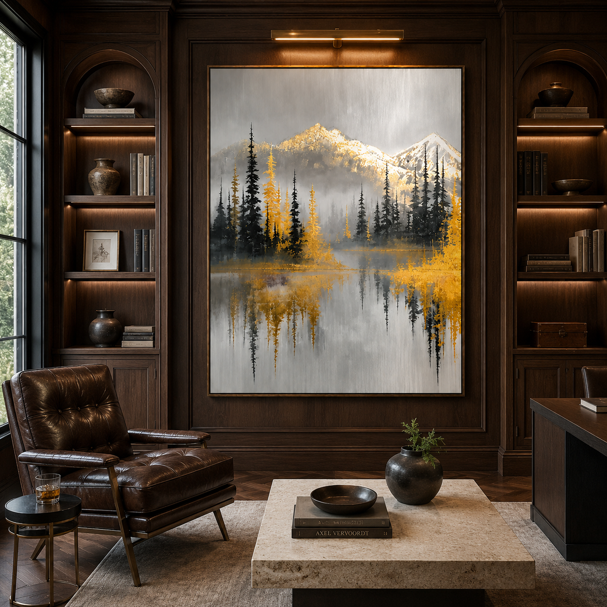 Golden Alpine-Mountain Forest Landscape Painting