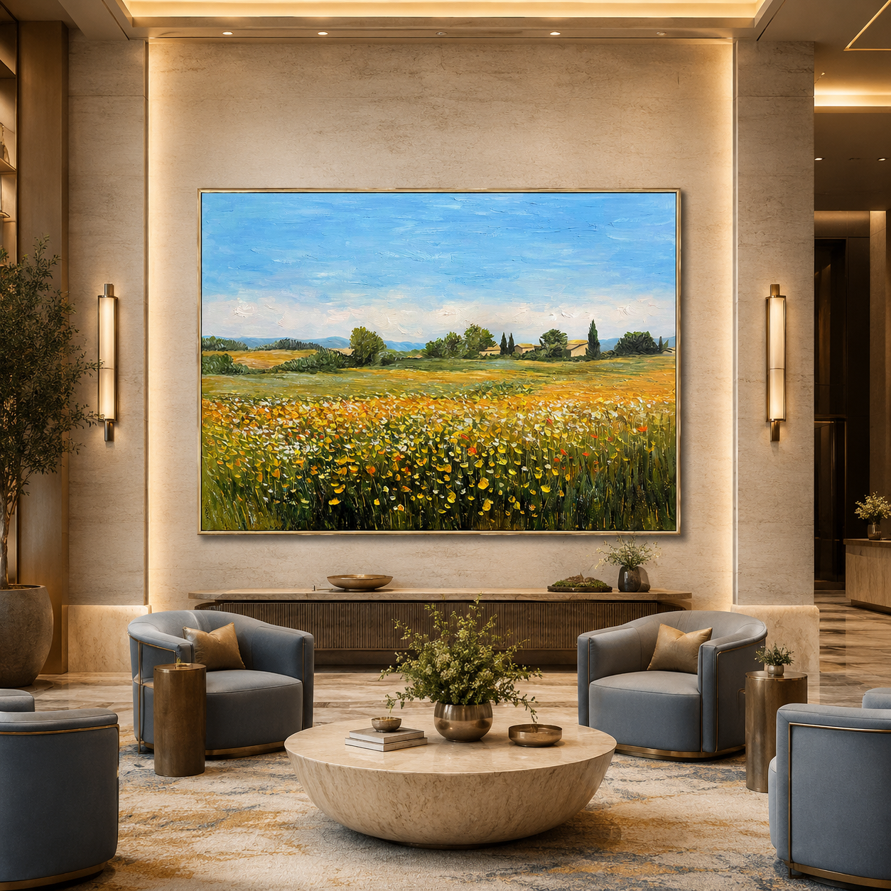 Golden Meadow-Sunlit Wildflower Landscape Painting