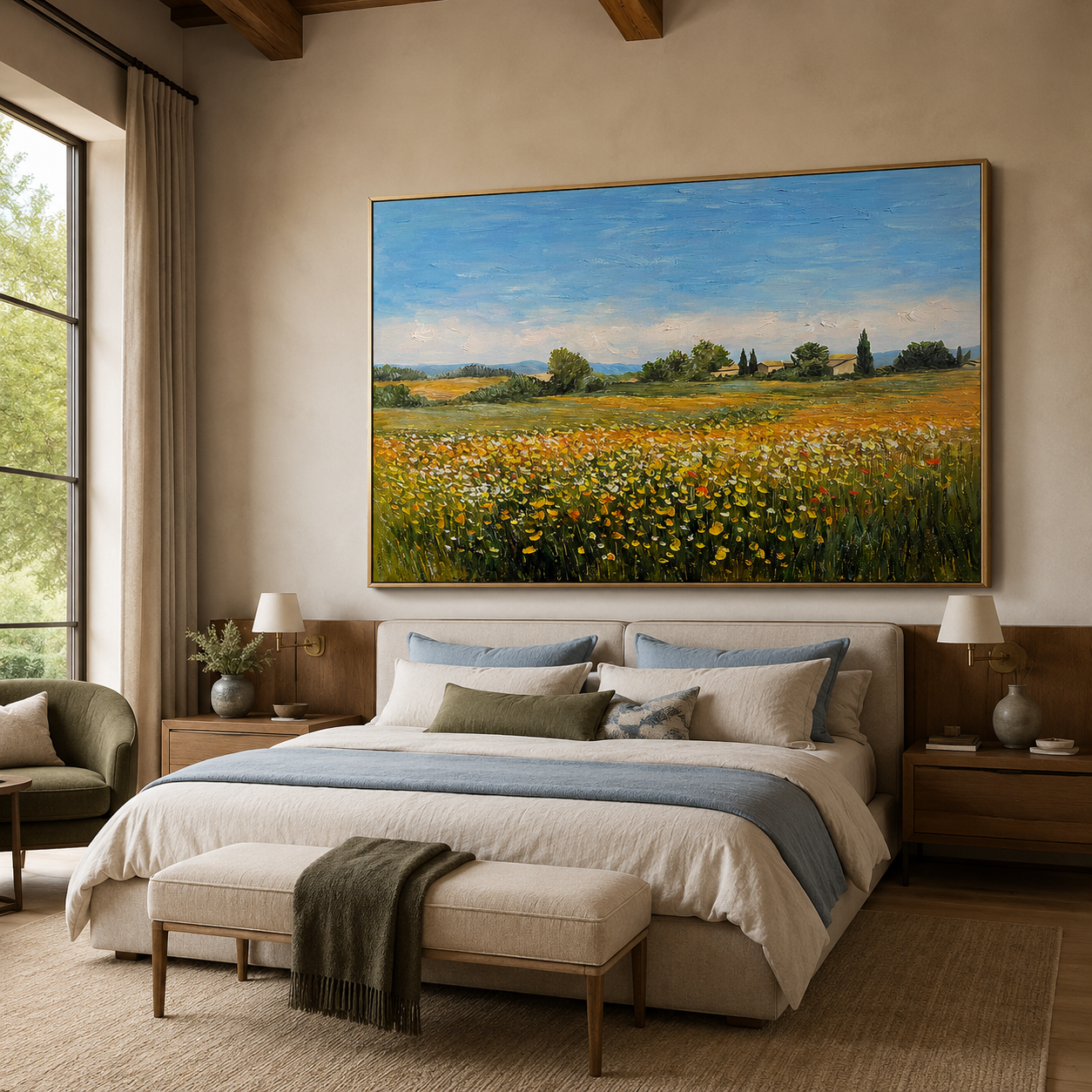 Golden Meadow-Sunlit Wildflower Landscape Painting