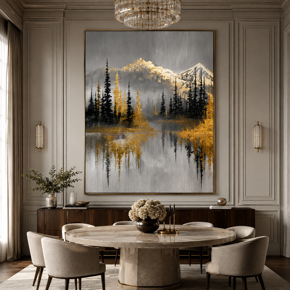 Golden Alpine-Mountain Forest Landscape Painting