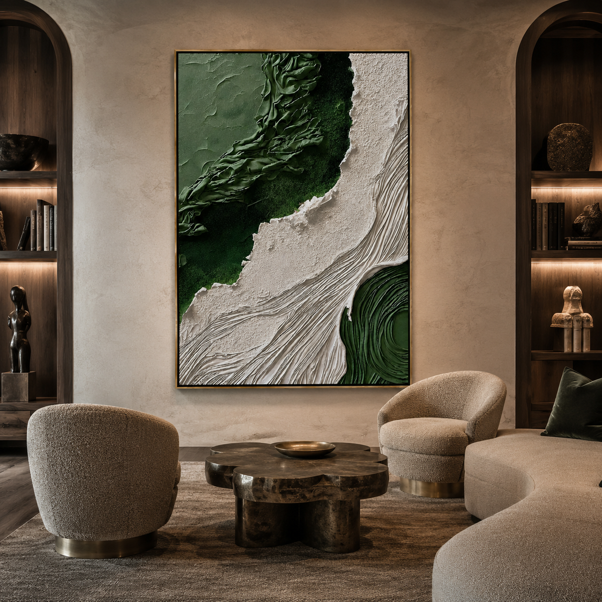 Verdant Rift-Green White Textured Abstract Painting
