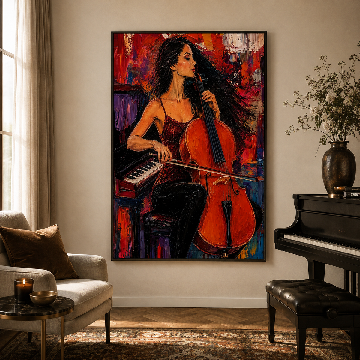 Crimson Sonata-Cellist Woman Painting
