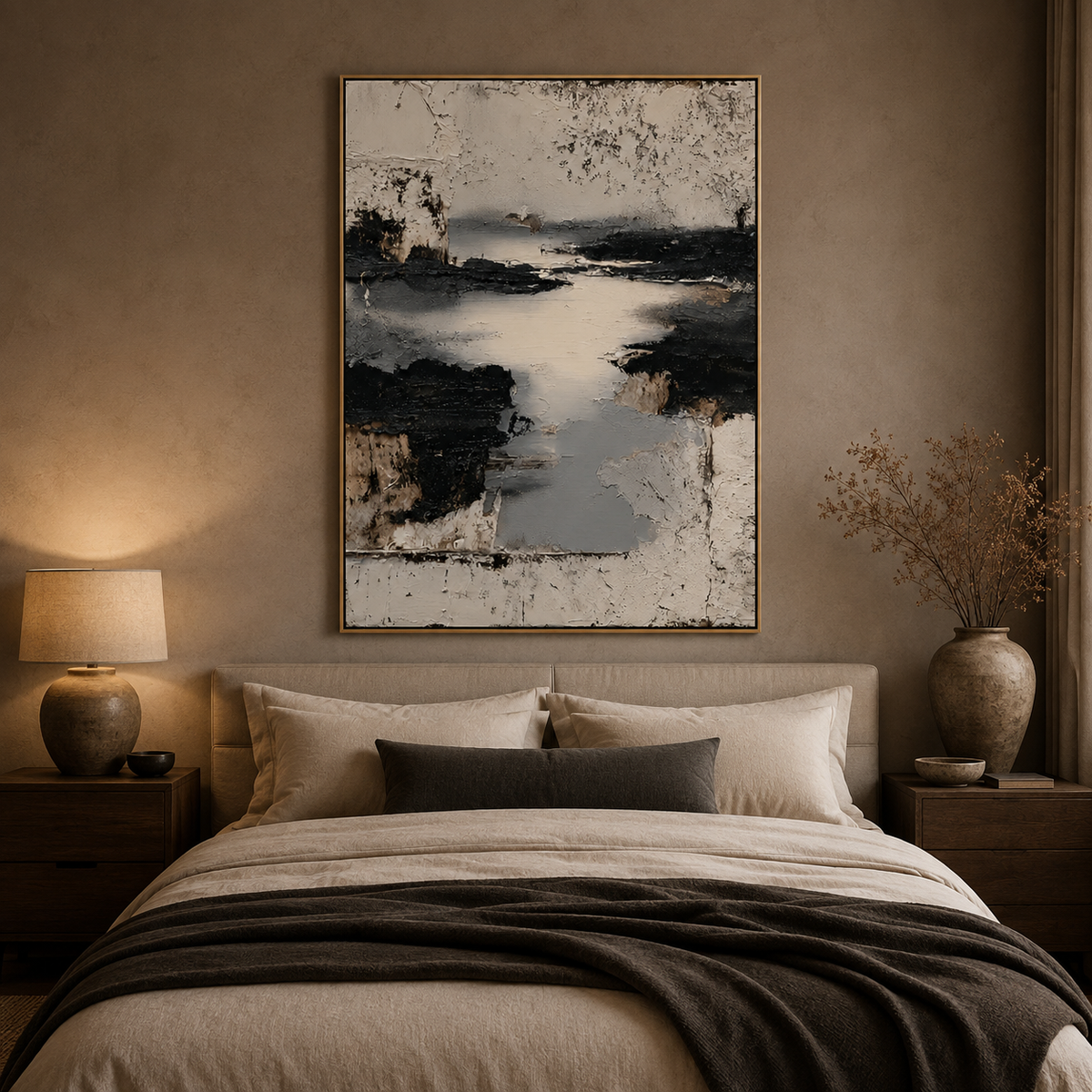 Silent Passage-Black and Beige Abstract Painting