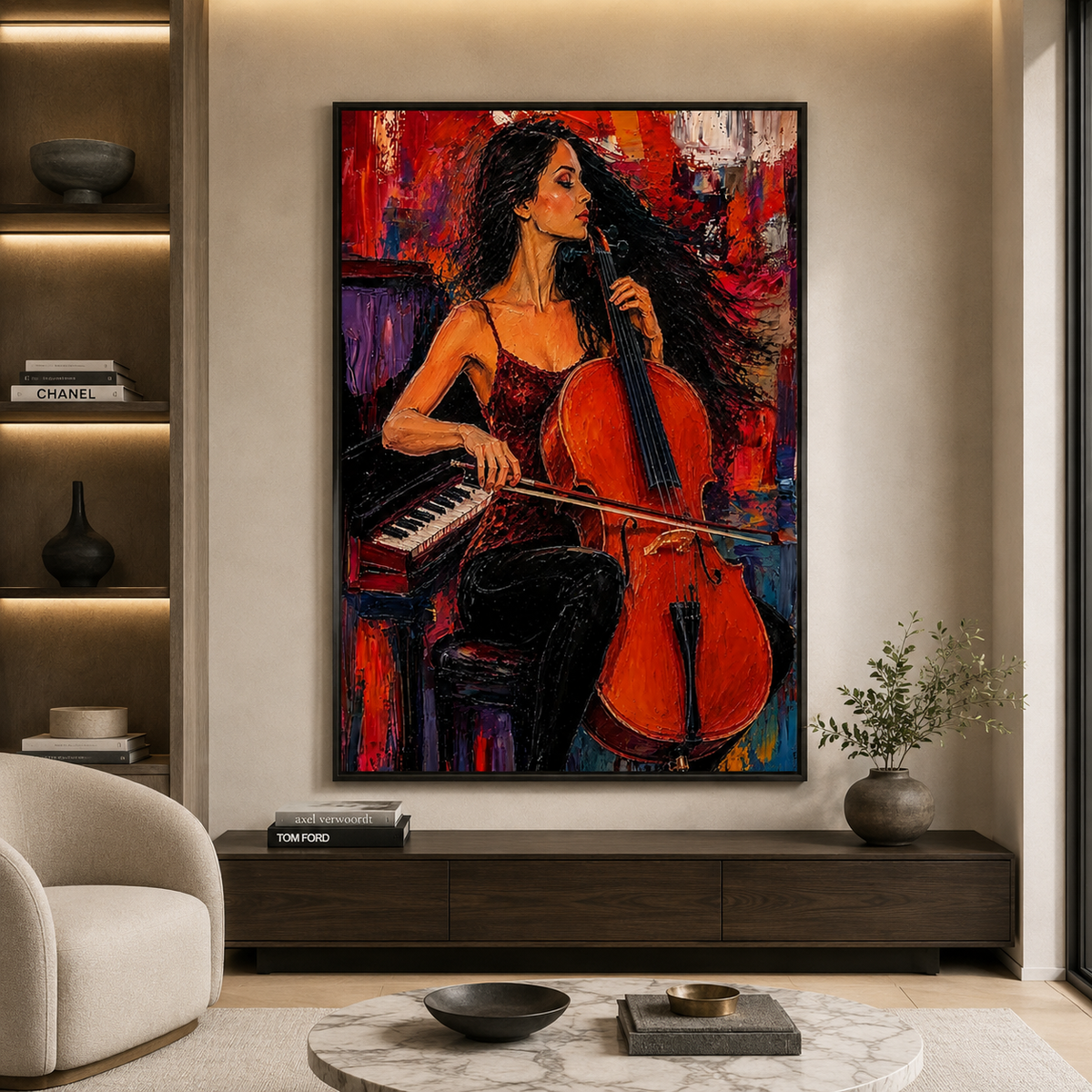 Crimson Sonata-Cellist Woman Painting