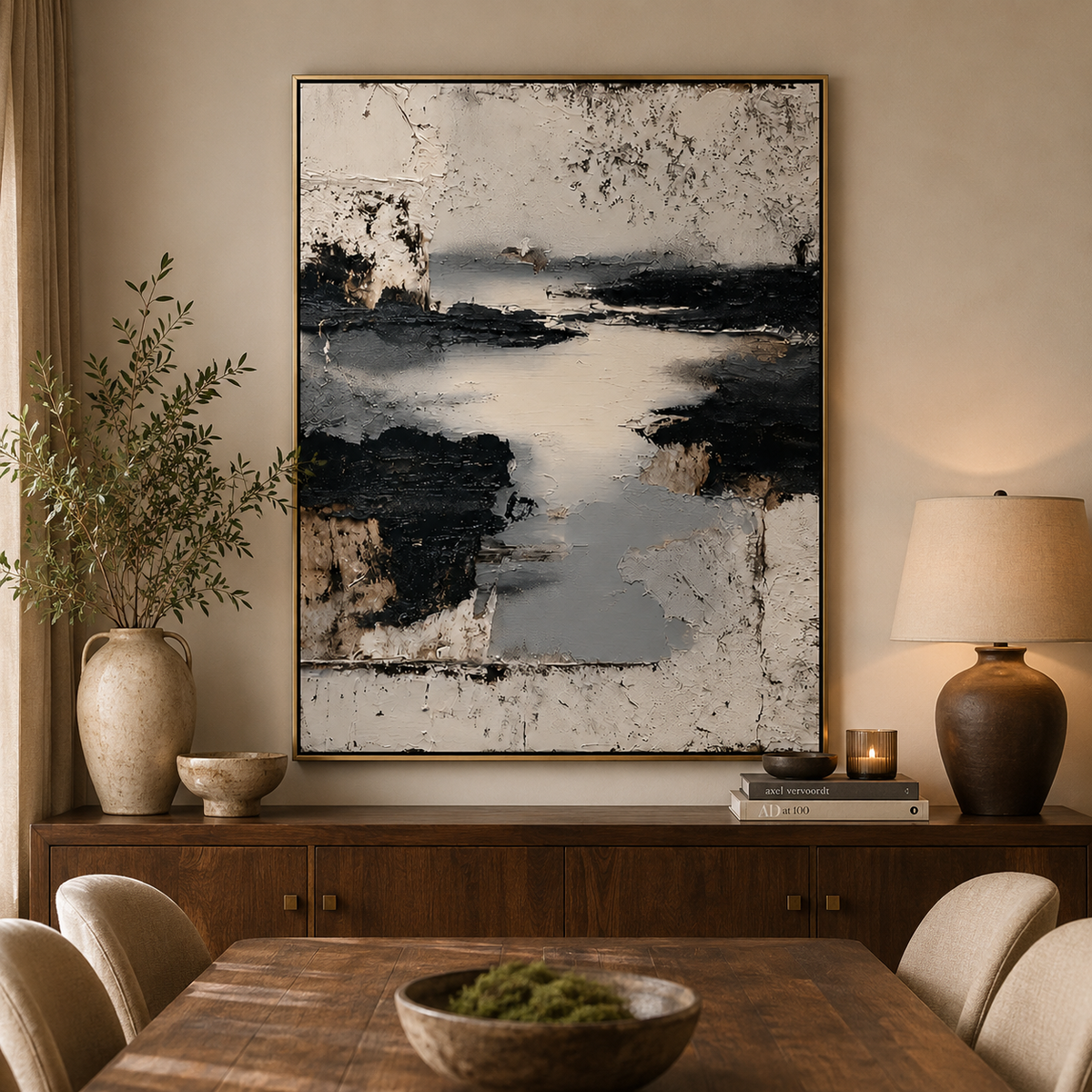 Silent Passage-Black and Beige Abstract Painting