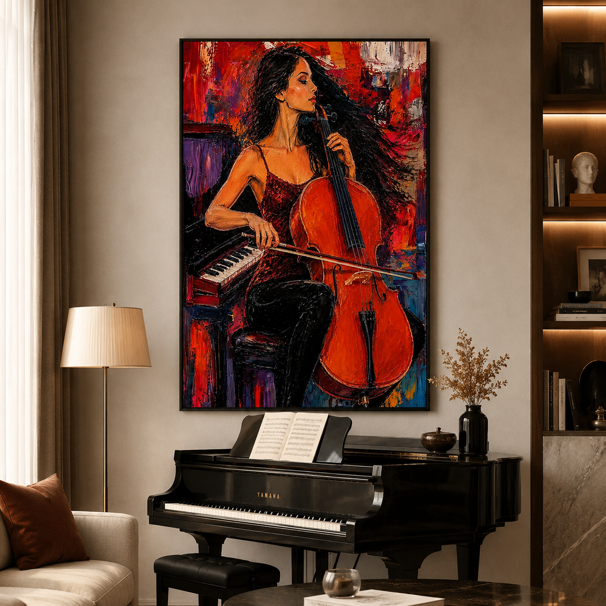 Crimson Sonata-Cellist Woman Painting