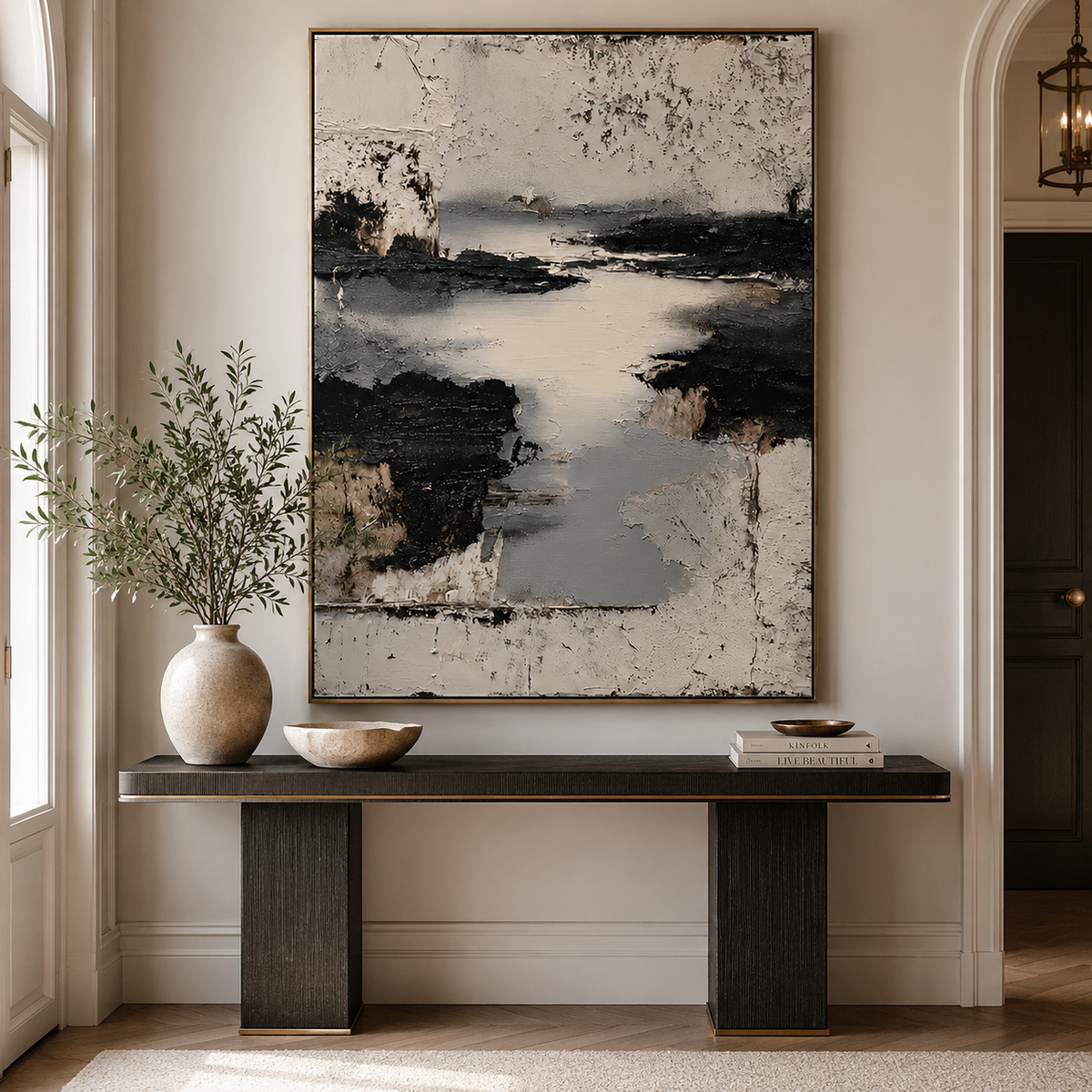 Silent Passage-Black and Beige Abstract Painting